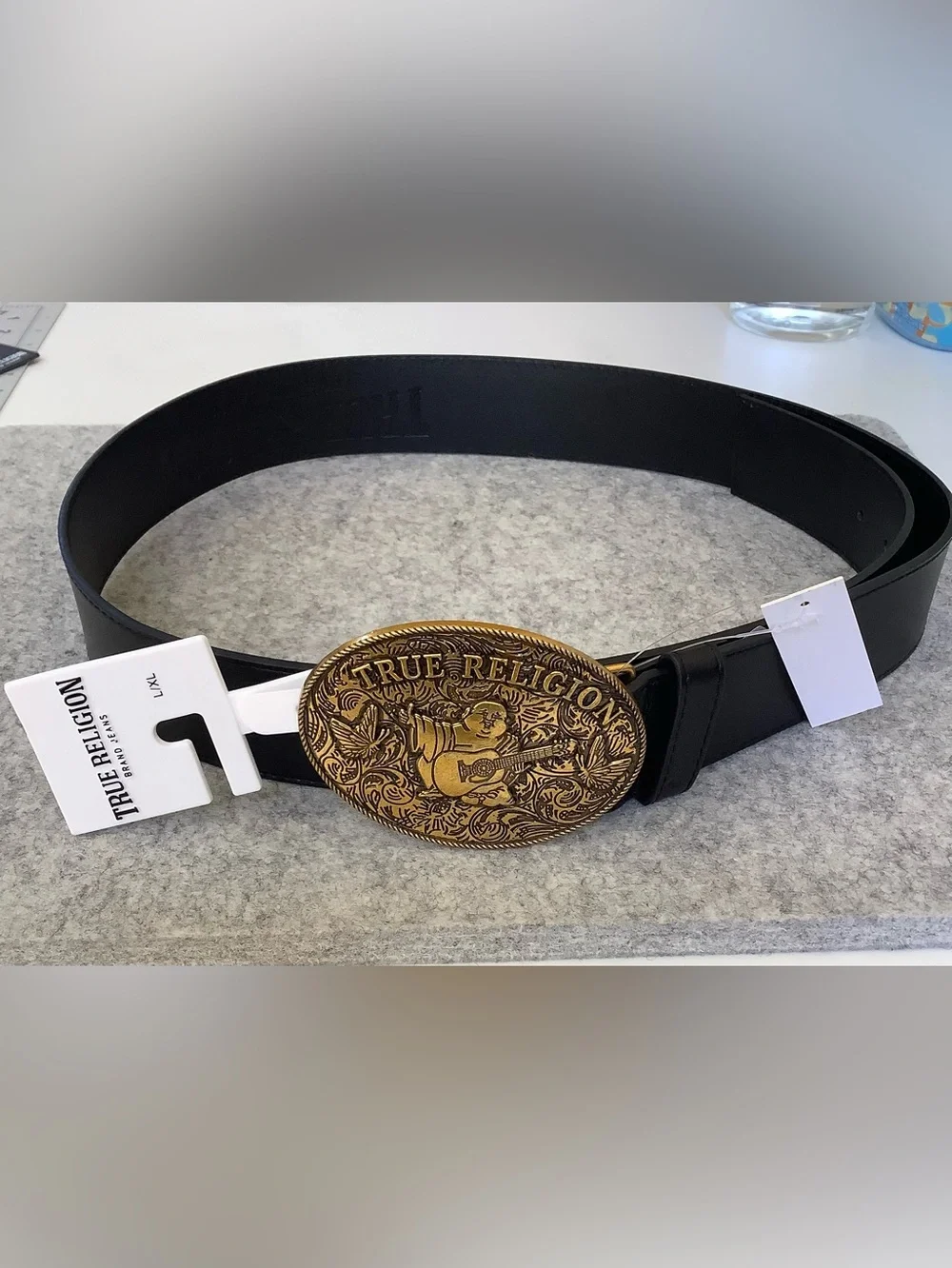 True Religion Black Leather Belt Bold Buddha Buckle L/XL NWT